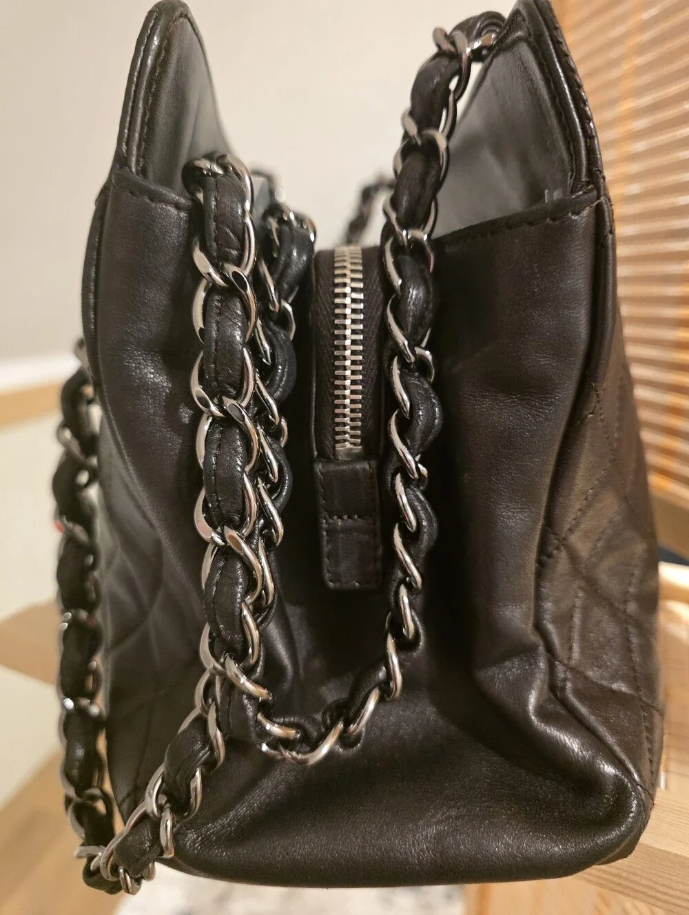 Authentic Chanel Metallic Dark Gray Mademoiselle Tote With Double Chain Strap